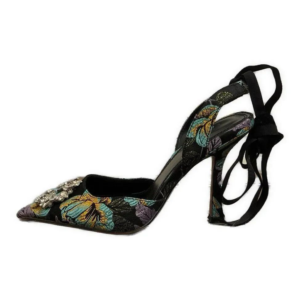 asos design purple black floral rhinestone heels fabric 7